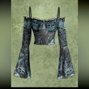 ROMWE Fairycore Cold Shoulder Skull Print Bell Sleeve Top